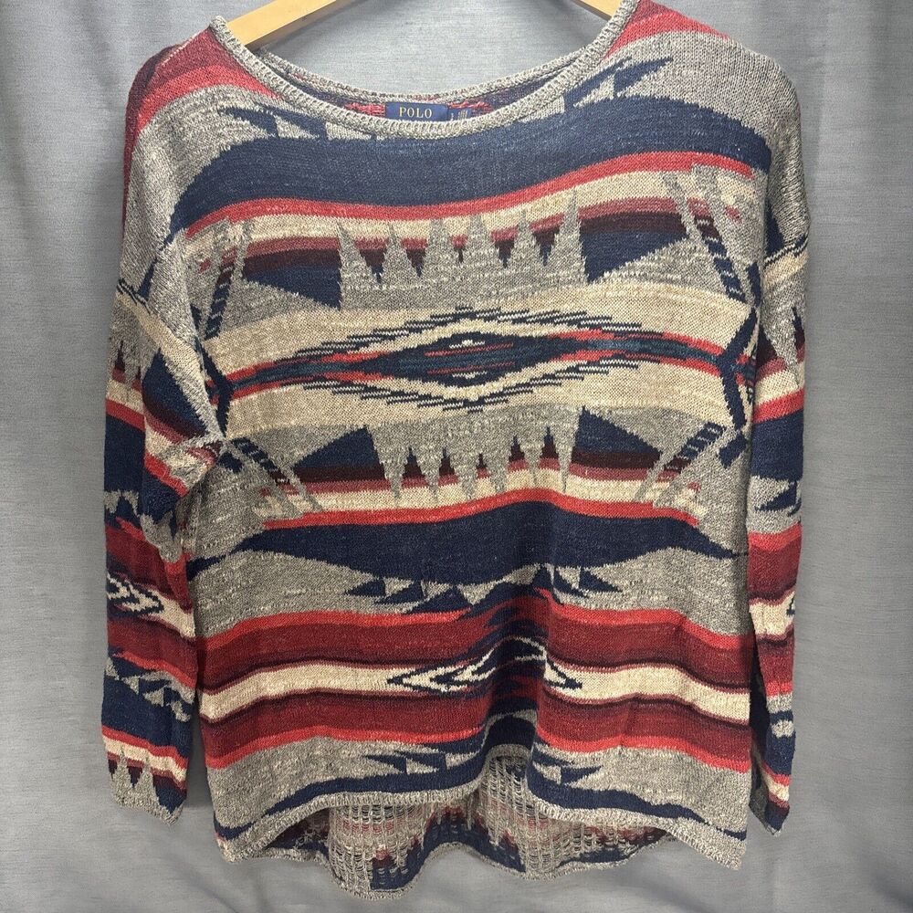 Polo Ralph Lauren Sweater Womens Small Multicolor Aztec Print Boat Neck Pullover